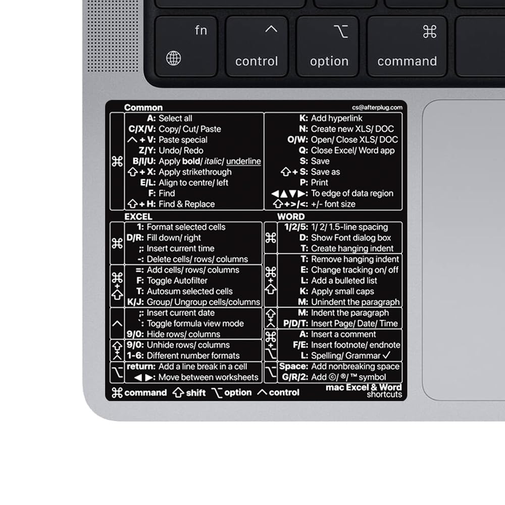 Mac Excel and Word Keyboard Shortcut Vinyl Sticker for MacBook Pro